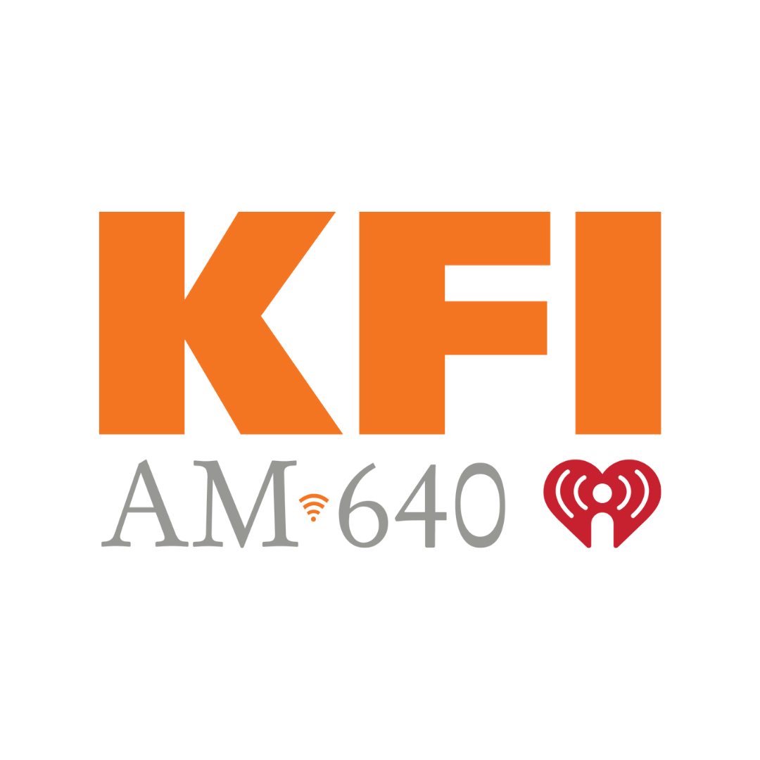 KFI AM 640 logo in orange and gray with iHeartRadio red icon