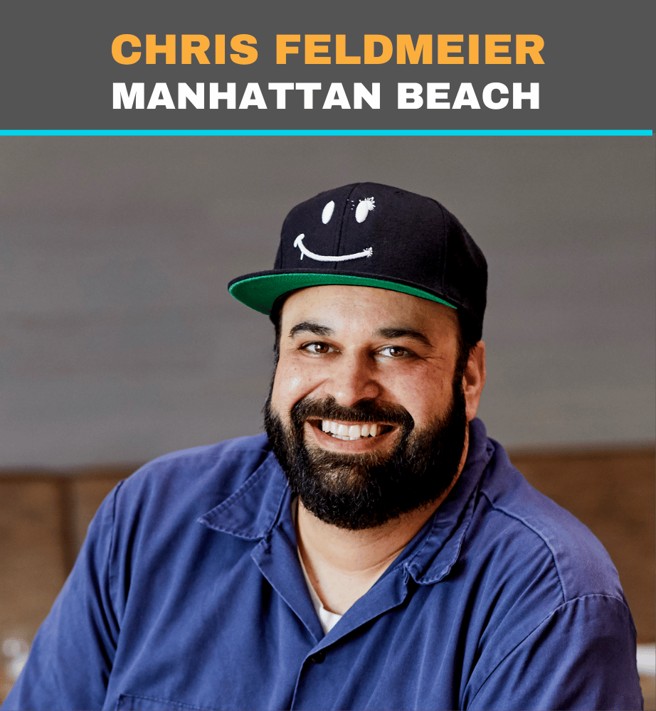 Chris Feldmeier smiling in a black cap and blue shirt, labeled Manhattan Beach.