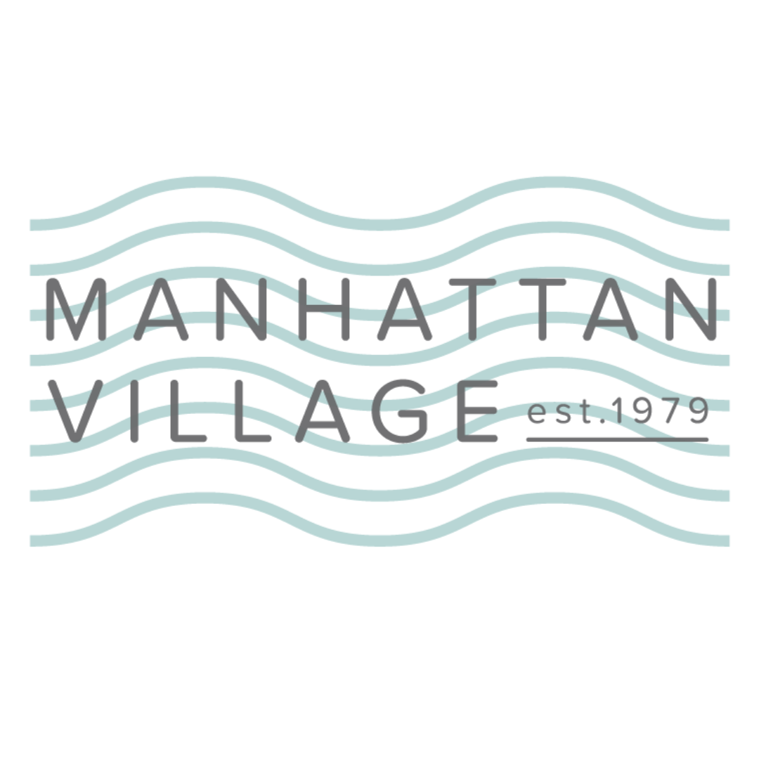 Manhattan Village logo with teal waves and gray text, est. 1979