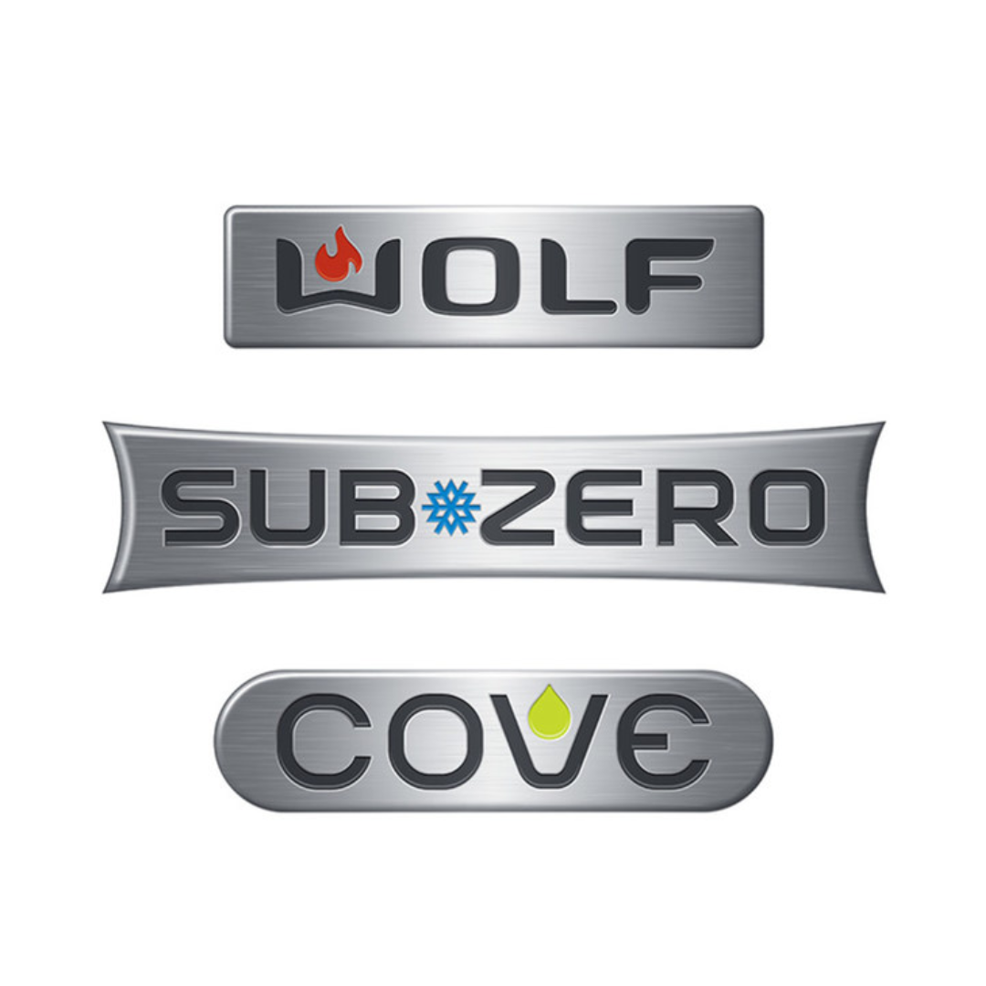 Three appliance brand logos: Wolf, Sub-Zero, and Cove on metallic nameplates.