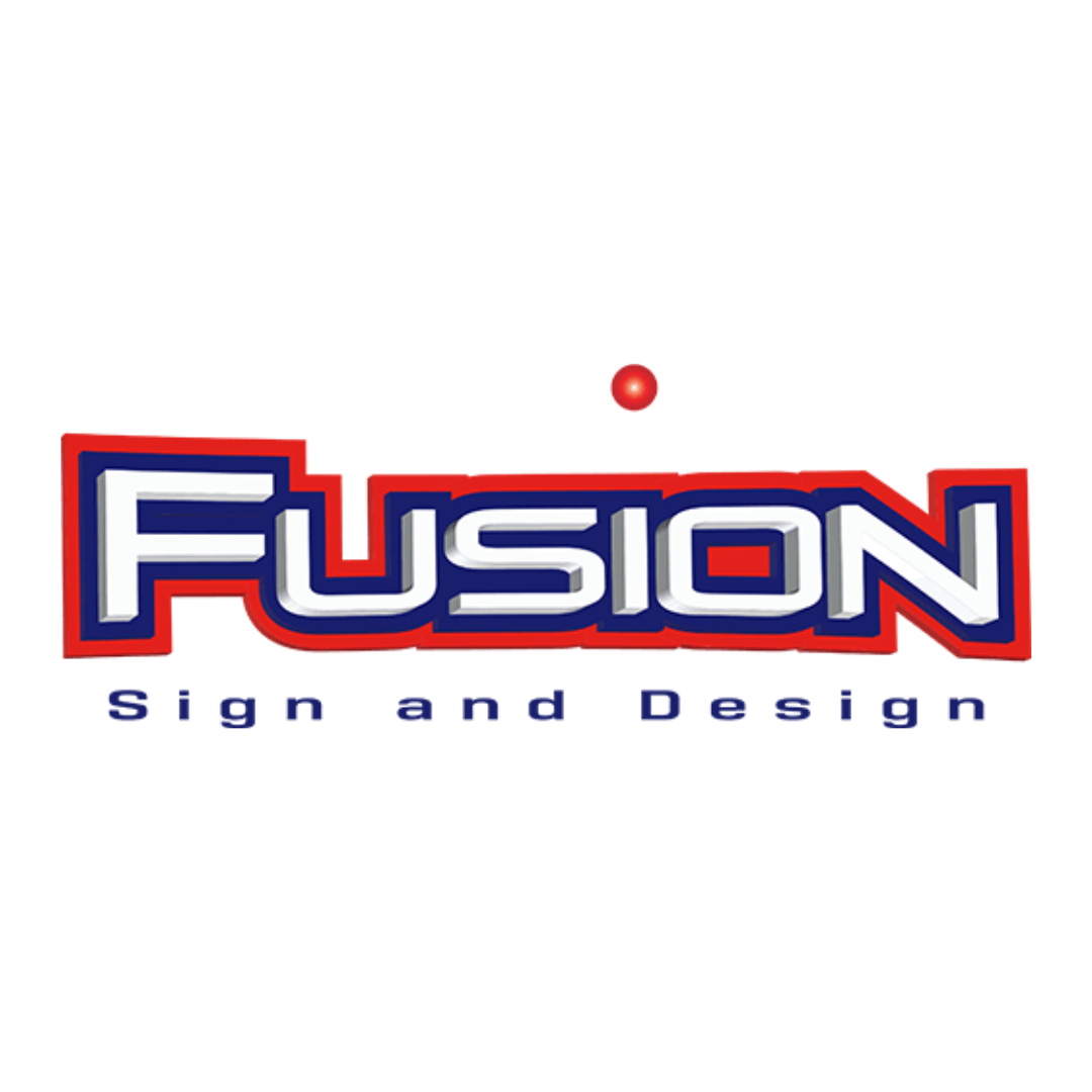 Fusion Sign and Design logo in blue, red, and white on a white background