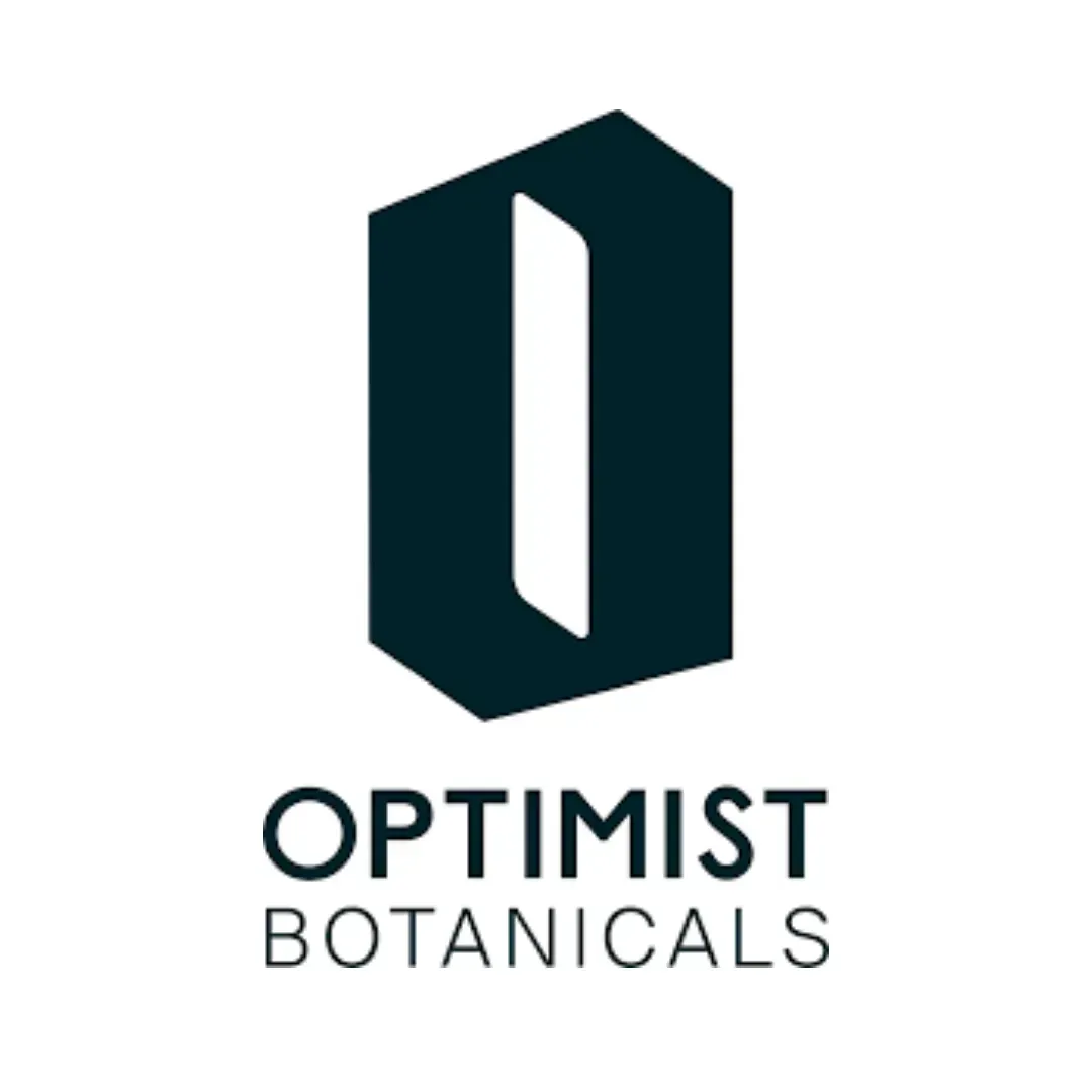 Optimist Botanicals logo with dark geometric icon and bold text