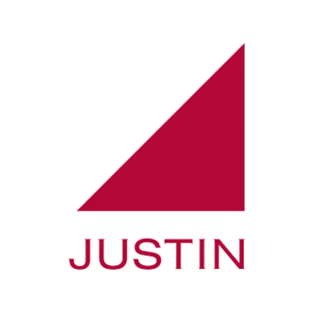 Red geometric triangle logo above the word “JUSTIN” in red text