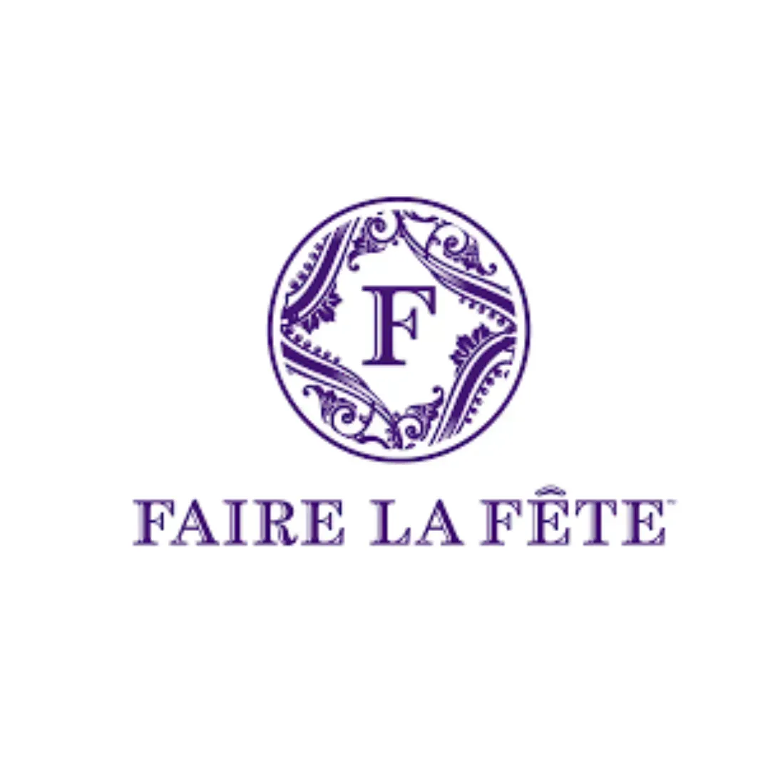 Purple “FAIRE LA FÊTE” logo with ornate circular emblem and letter F