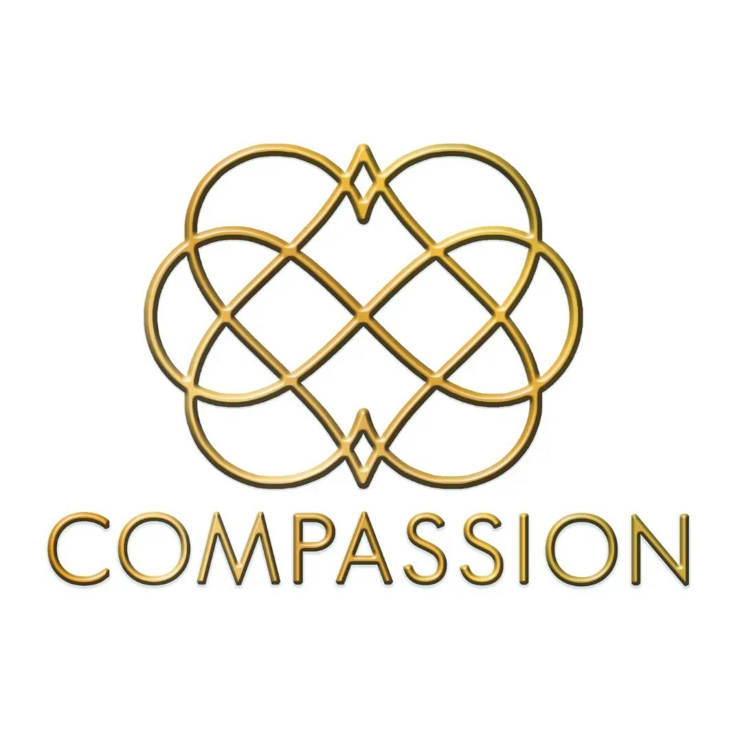 Gold interwoven heart logo above the word “COMPASSION” on a white background