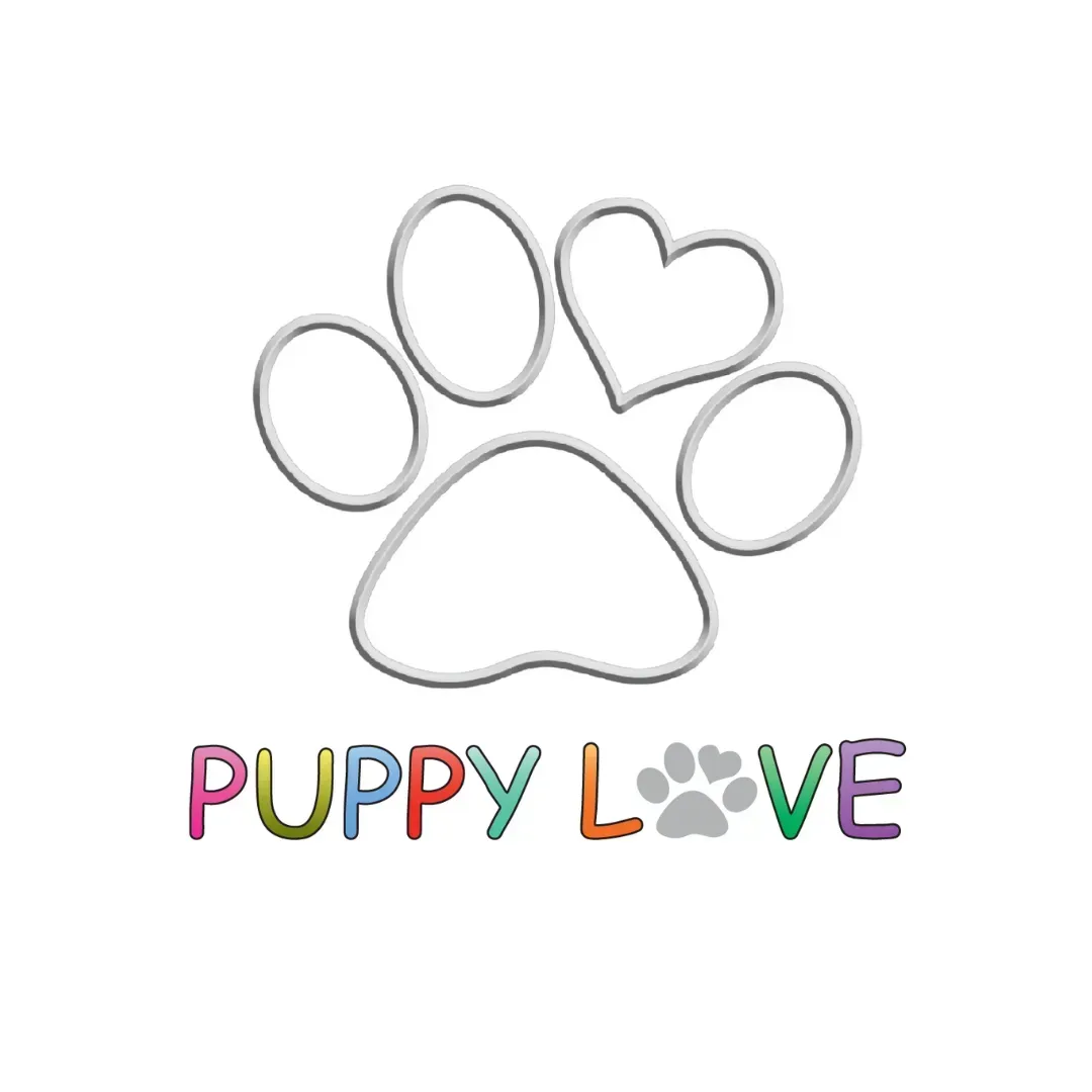 Colorful “PUPPY LOVE” text beneath a paw print with a heart-shaped pad