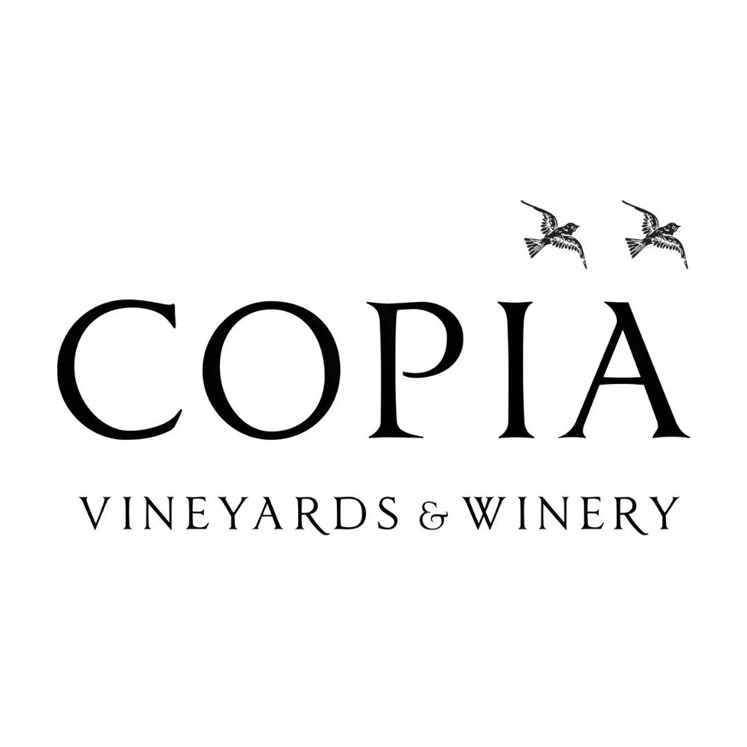 Copia Vineyards & Winery logo in black text with two small birds above it