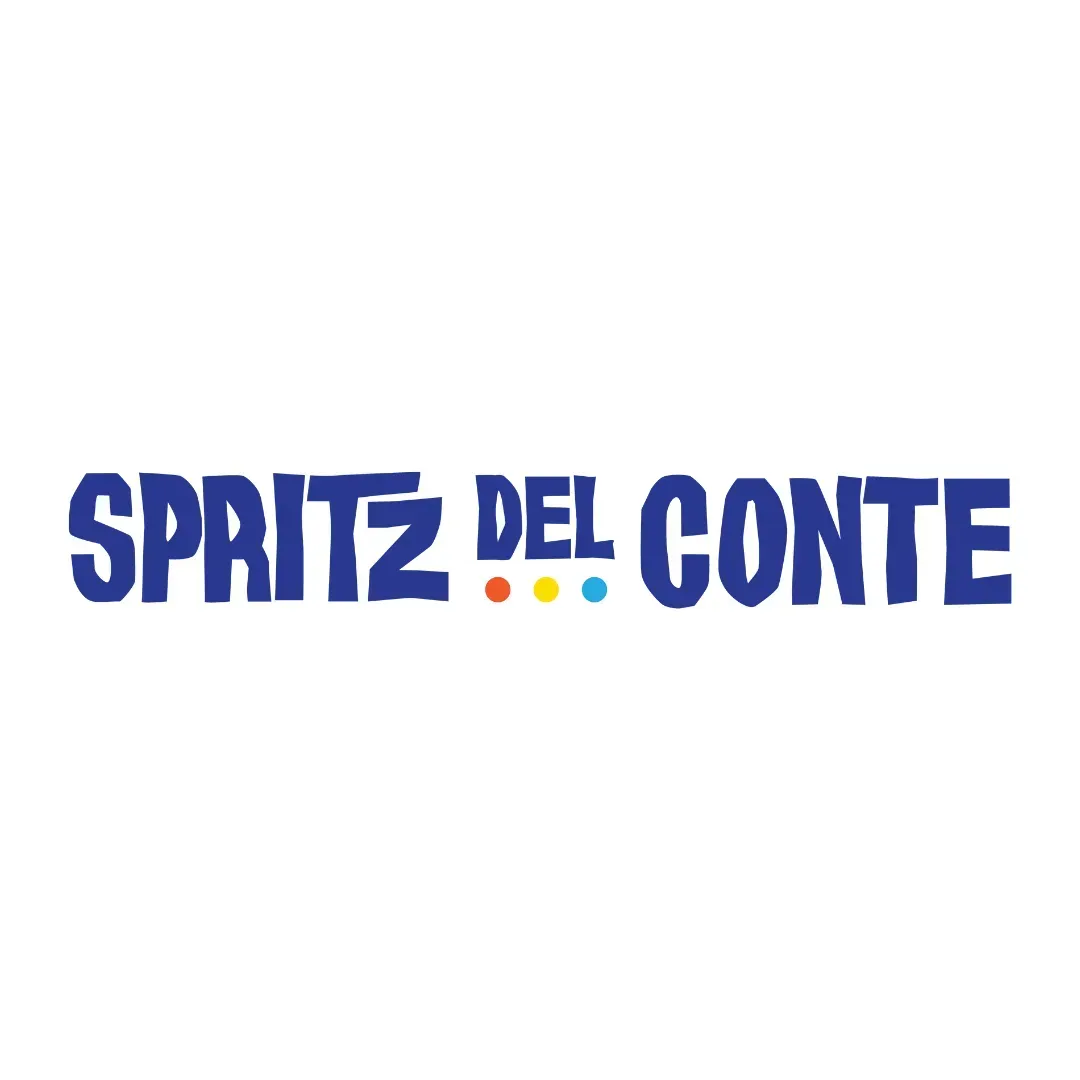 Spritz del Conte logo in blue with orange, yellow, and turquoise dots underneath