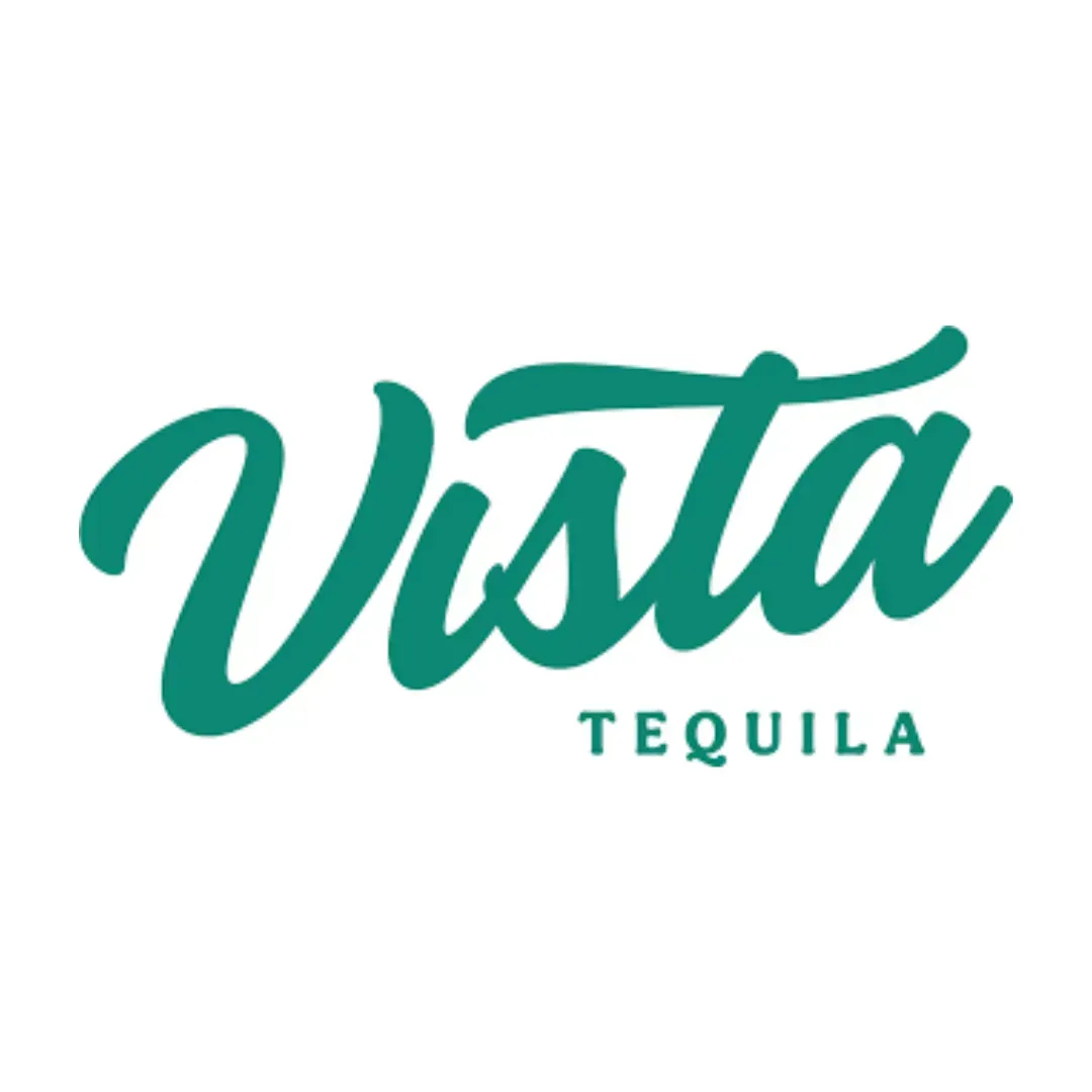Vista Tequila logo in teal script on a white background