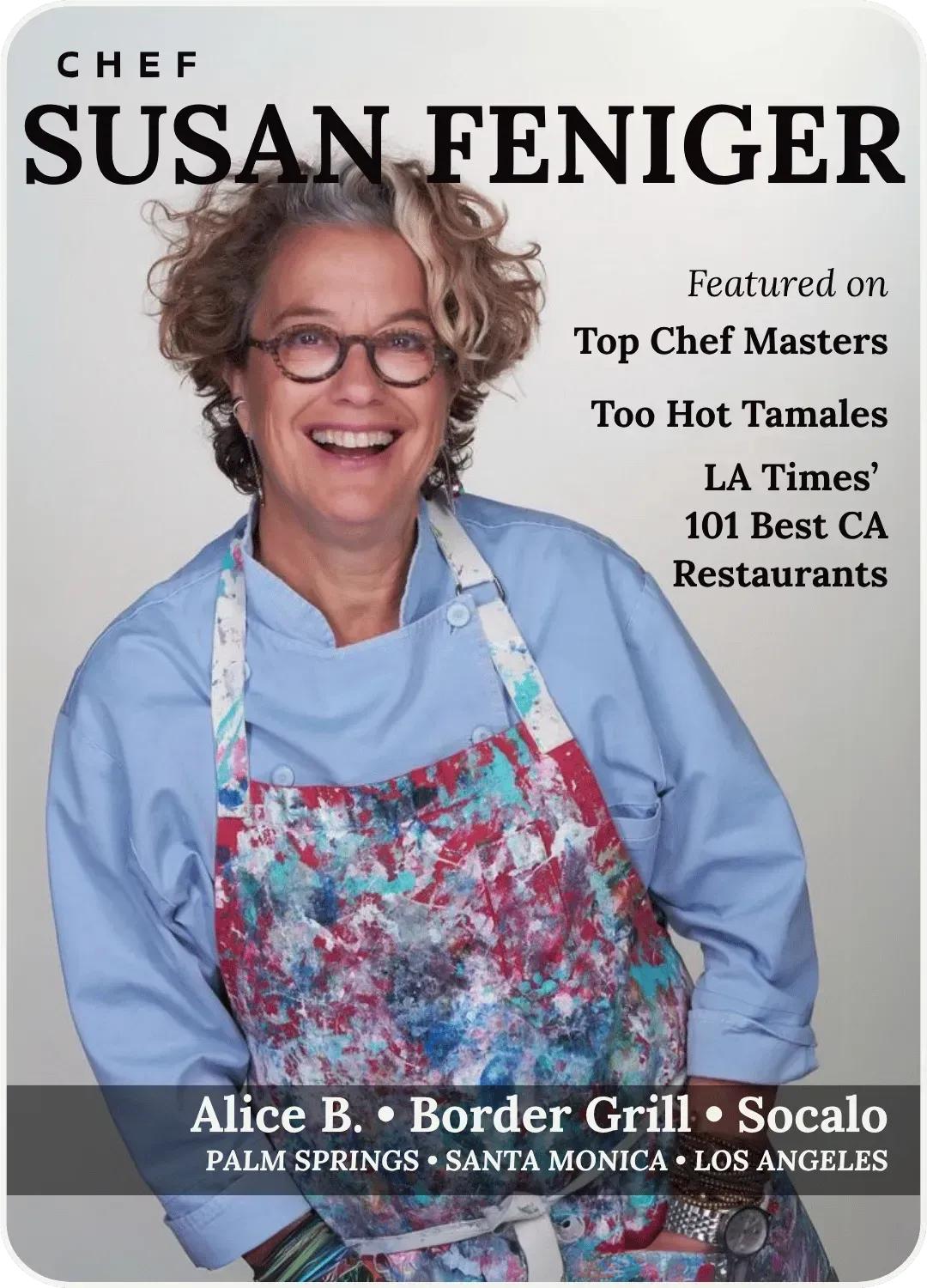 Cover featuring chef Susan Feniger in glasses and a floral apron, with restaurant accolades and locations listed.