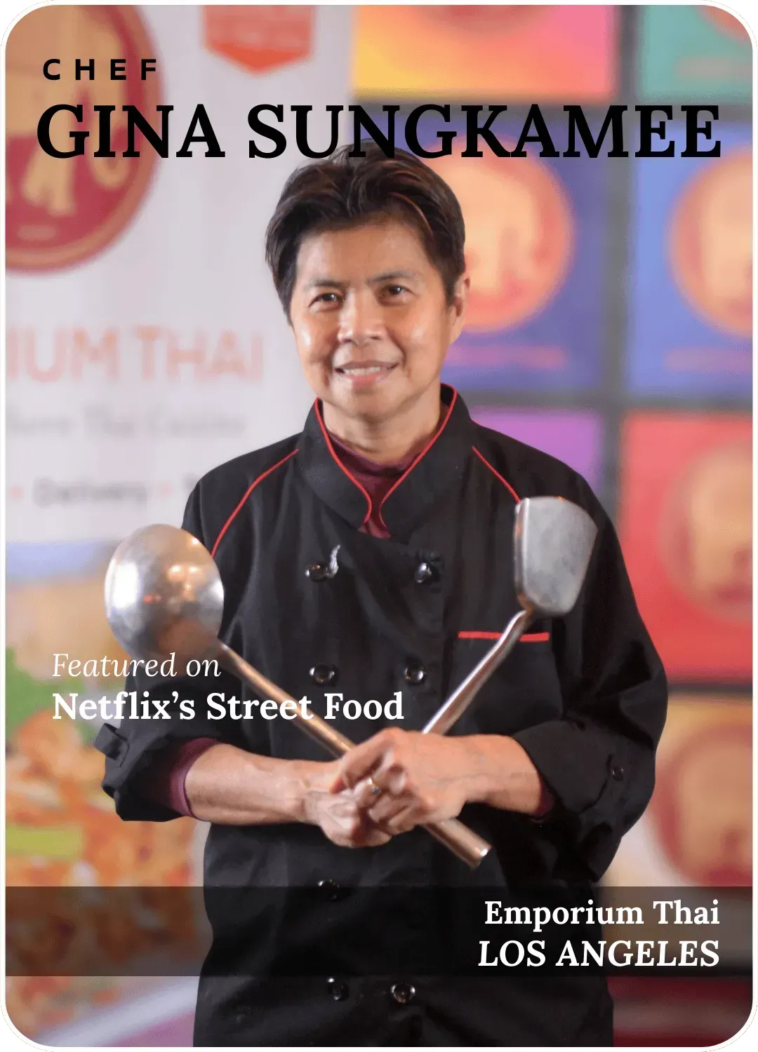 Chef Gina Sungkamee in a red-trimmed black jacket holding spoons, with Emmy/Thai Los Angeles text.