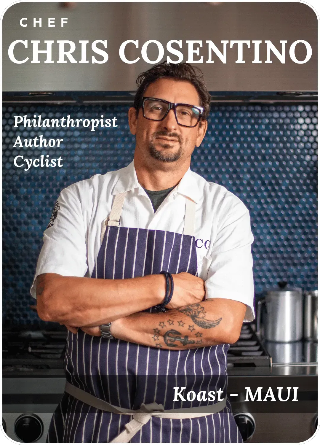 Chef Chris Cosentino in a white shirt and striped apron, arms crossed, on a Koast Maui magazine cover.