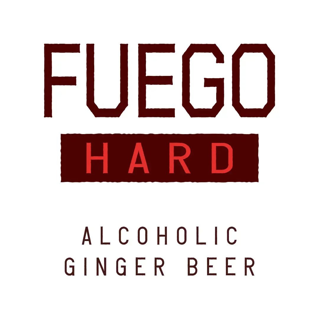 FUEGO HARD alcoholic ginger beer label in dark red and black text on a white background