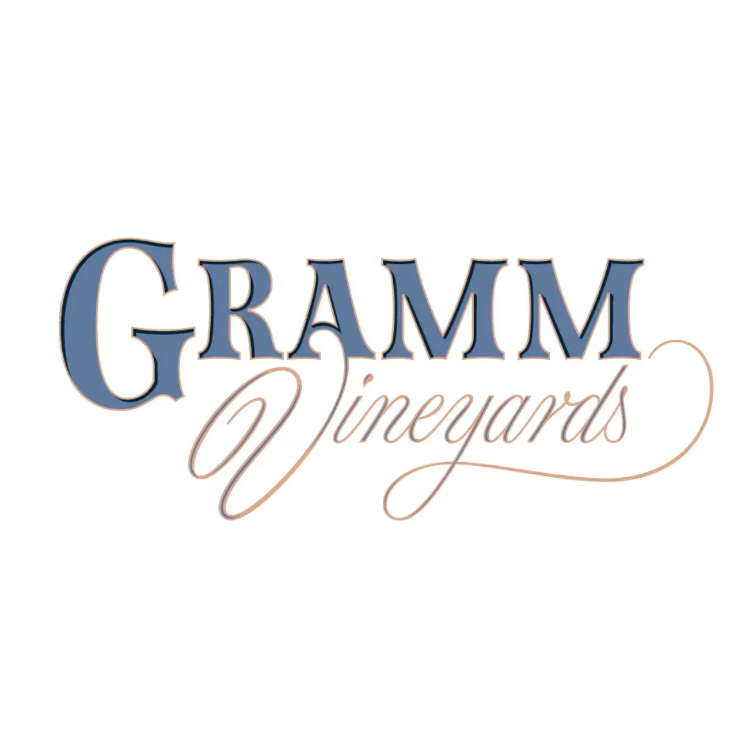 GRAMM Vineyards logo in blue serif and peach script on a white background