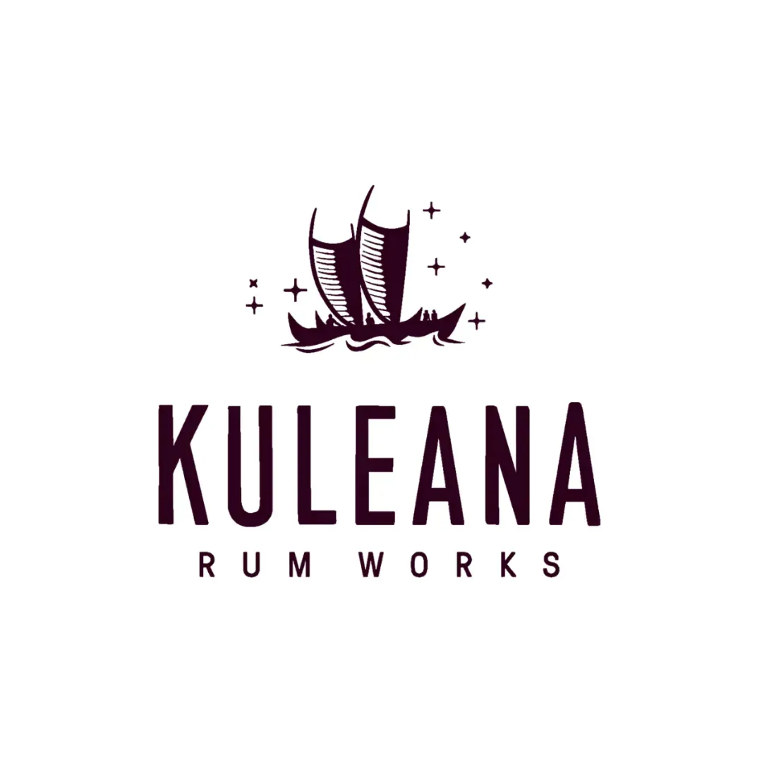 Kuleana Rum Works logo with a stylized ship and stars in dark maroon on white background