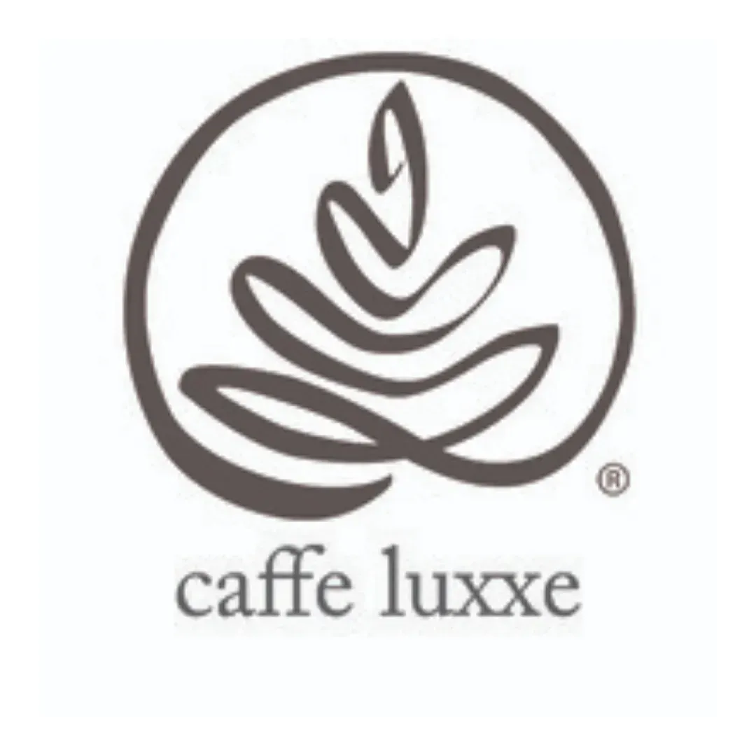 Caffé Luxxe logo with stylized coffee bean leaf design in brown on white background