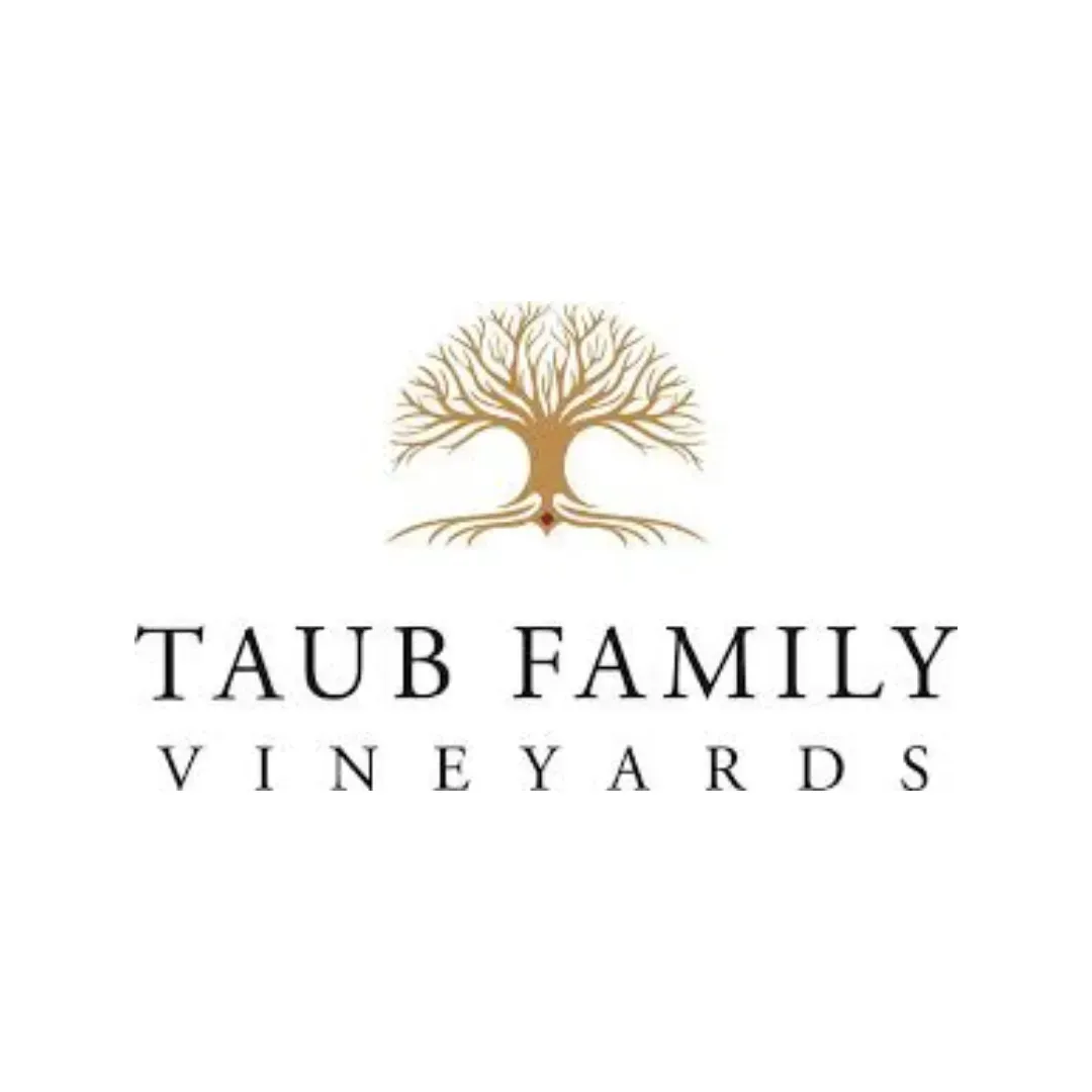 Taub Family Vineyards logo with gold tree above black serif text on white background