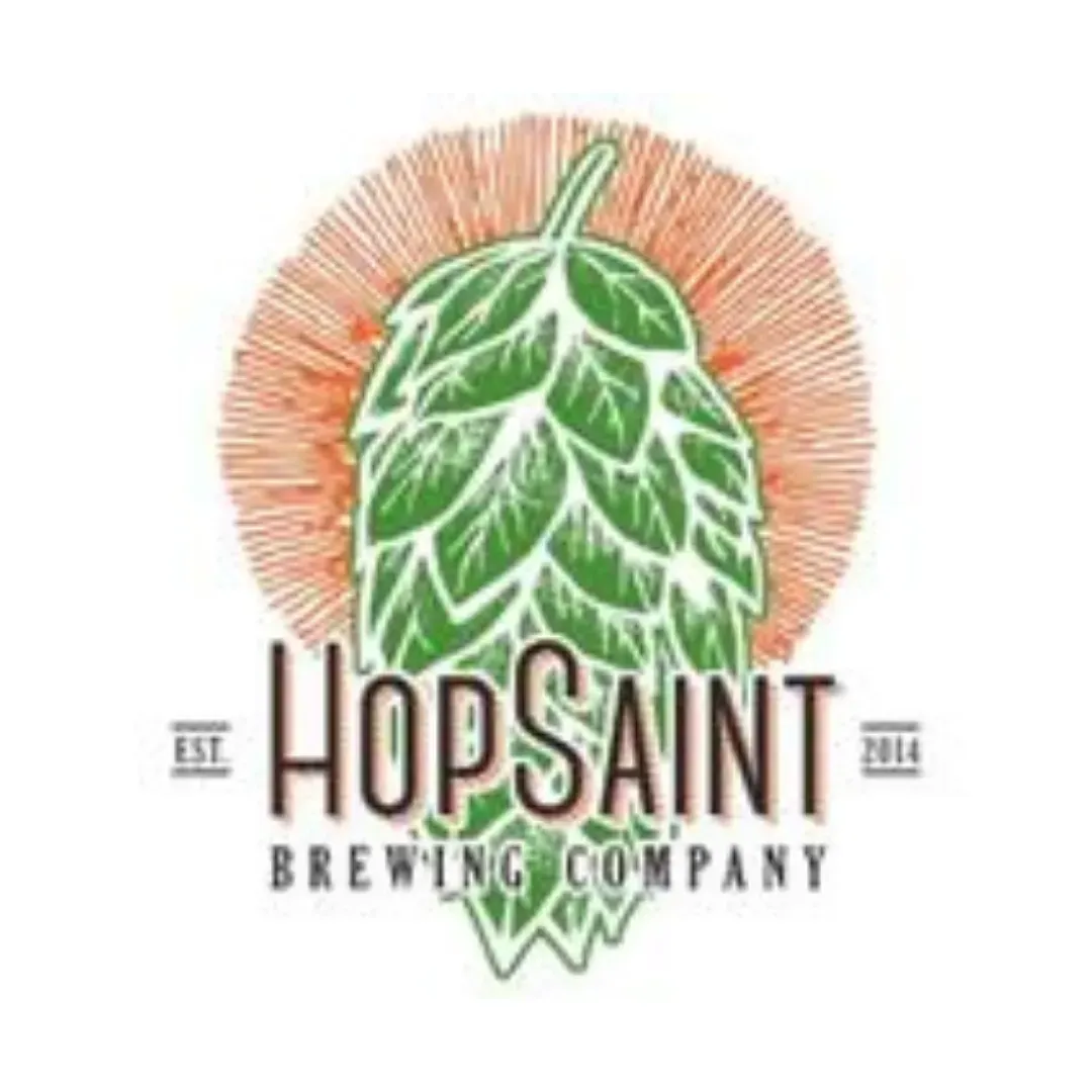 Hopsaint Brewing Company logo with green hop cone and orange sunburst background