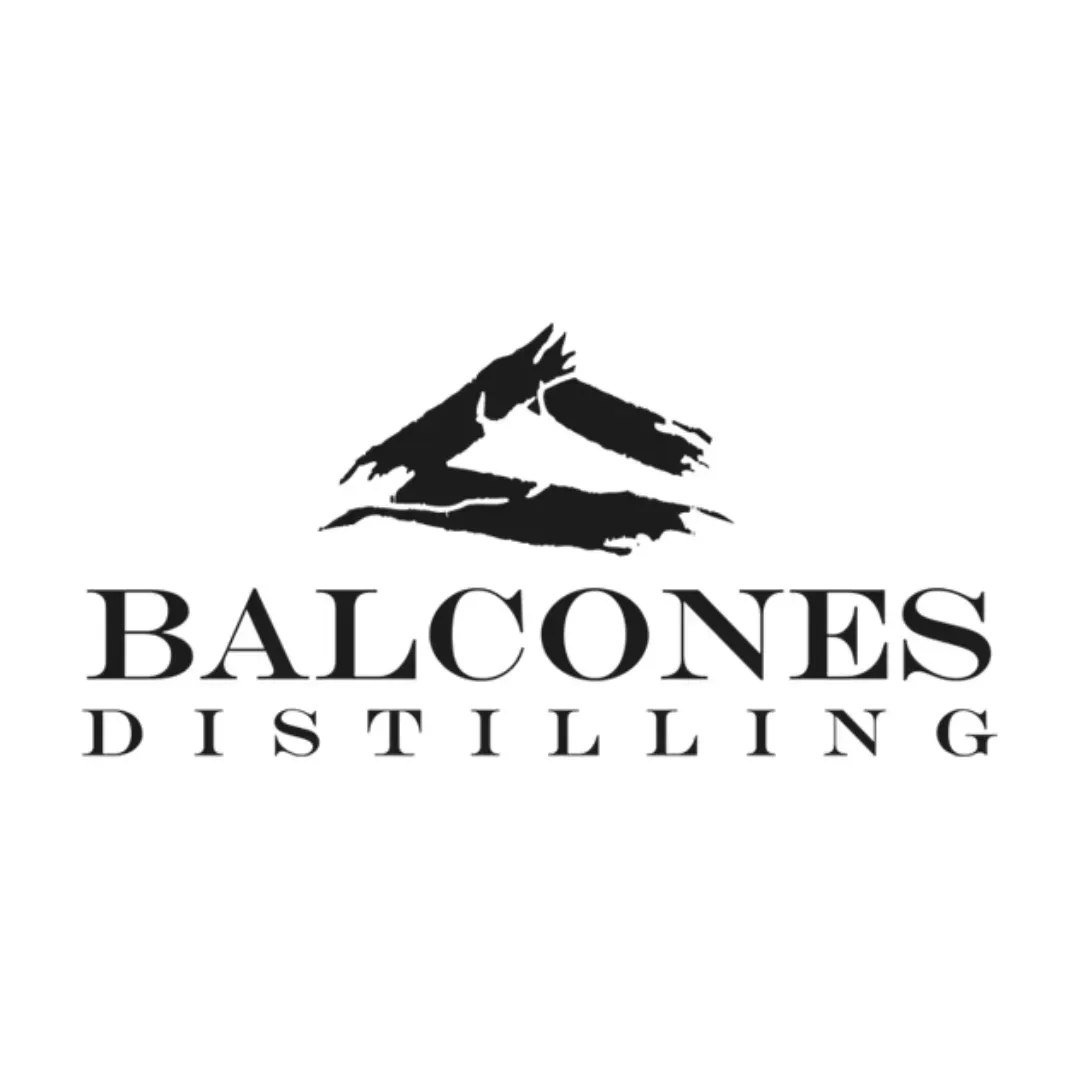 Balcones Distilling logo with black mountain silhouette and text on white background