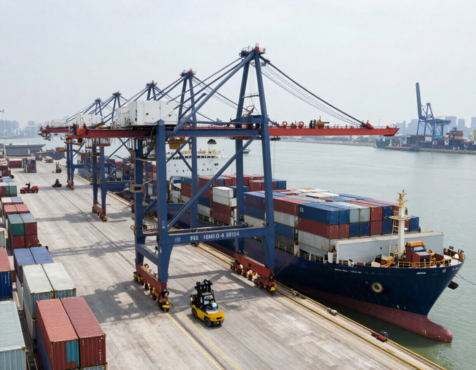 Buque de carga atracado en un puerto de contenedores, con grúas y contenedores apilados