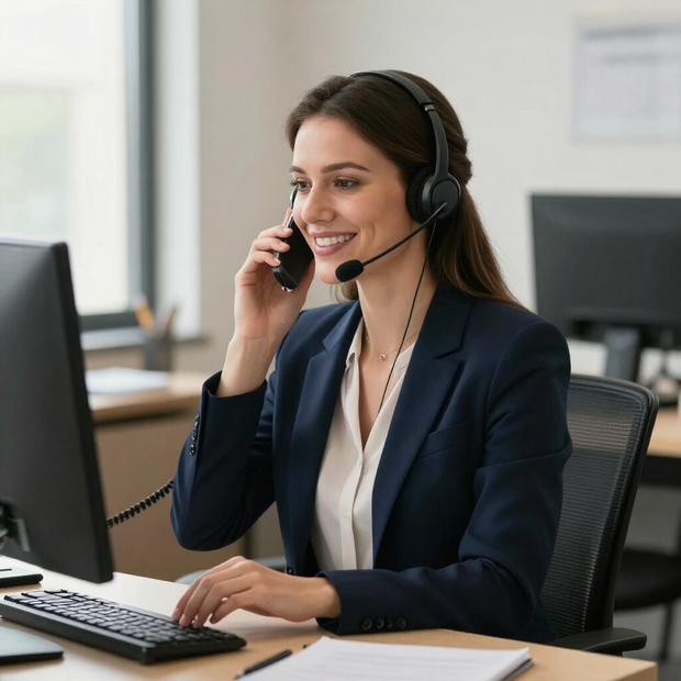 Mujer con auriculares sonriendo en un escritorio en una oficina luminosa, hablando por teléfono mientras usa una computadora