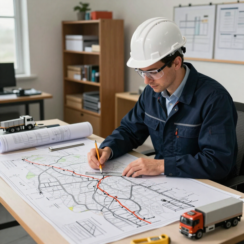Ingeniero con casco blanco marcando planos sobre un mapa grande en un escritorio, con un camión de juguete cerca