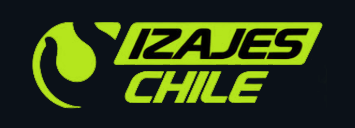 Logotipo de “IZAJES CHILE” en verde lima y amarillo sobre un fondo azul oscuro