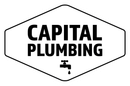 Capital Plumbing logo in black text inside a hexagon with a faucet icon and water drop.