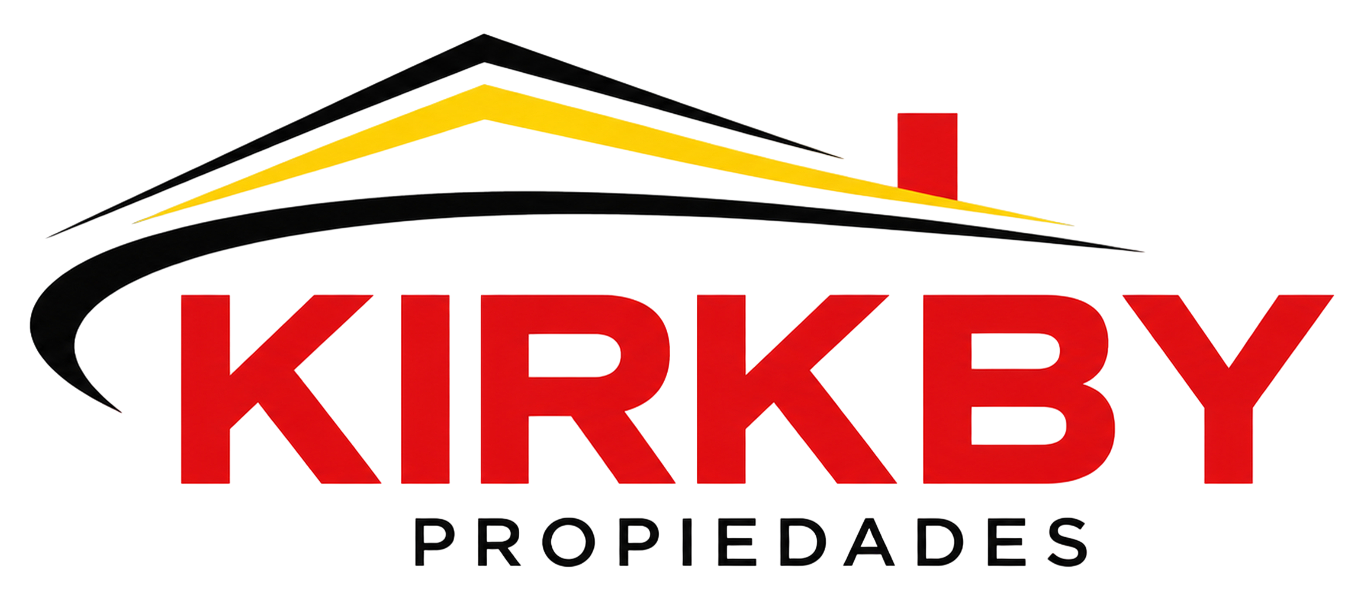 Logotipo de Kirkby Propiedades con texto rojo y gráfico de techo en negro y amarillo.