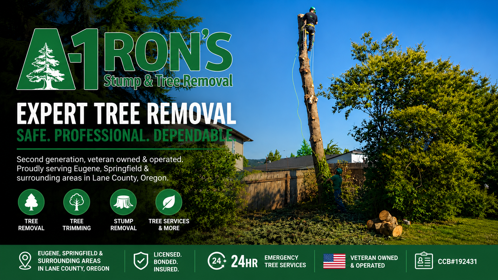 A1 Rons tree removal ad with tree worker using chainsaw beside a tall tree against blue sky A1 Rons tree removal ad with tree worker using chainsaw beside a tall tree against blue sky