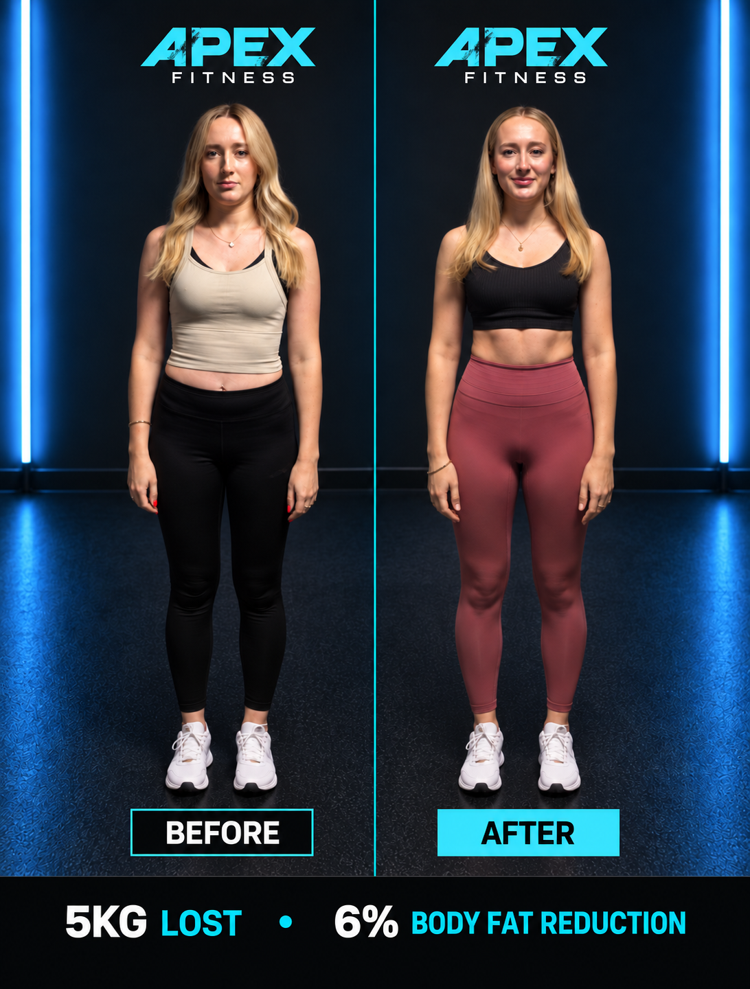 Fitness transformation poster: woman in black before, red after, with “5KG LOST” and “6% body fat reduction” text.