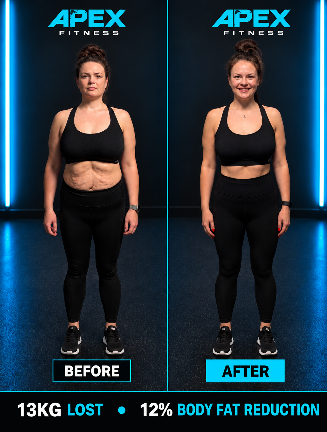 Before-and-after fitness transformation at Apex: woman in black workout clothes, 13kg lost, 12% body fat reduction