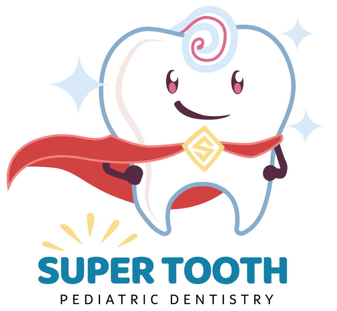 The logo for super tooth pediatric dentistry shows a tooth wearing a cape.