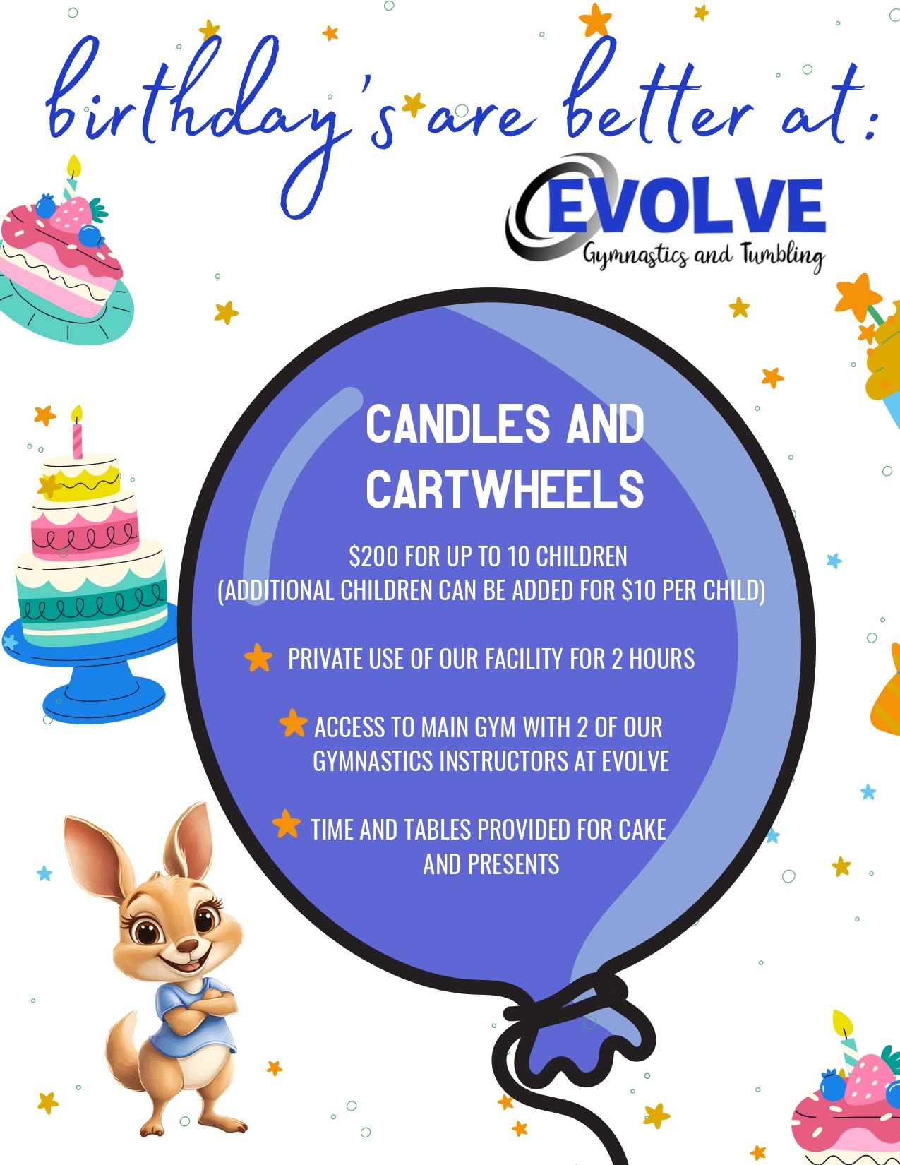 Birthday poster with Evolve logo, balloon graphic, and bunny beside a “Candles and Cartwheels” event notice.