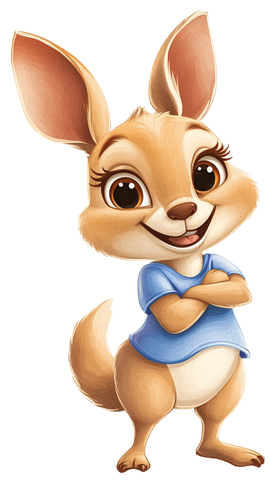 Cute cartoon bunny with big ears, wearing a blue shirt, standing and smiling with arms crossed.