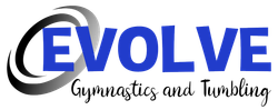 Evolve Gymnastics and Tumbling logo in blue, black, and white with circular swoosh design