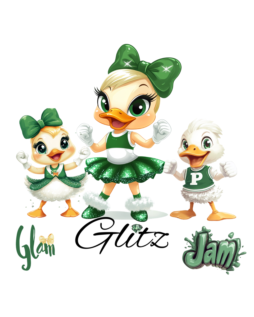 Duck mascots in green and white cheerleading outfits with “Glam Glitz Jam” text