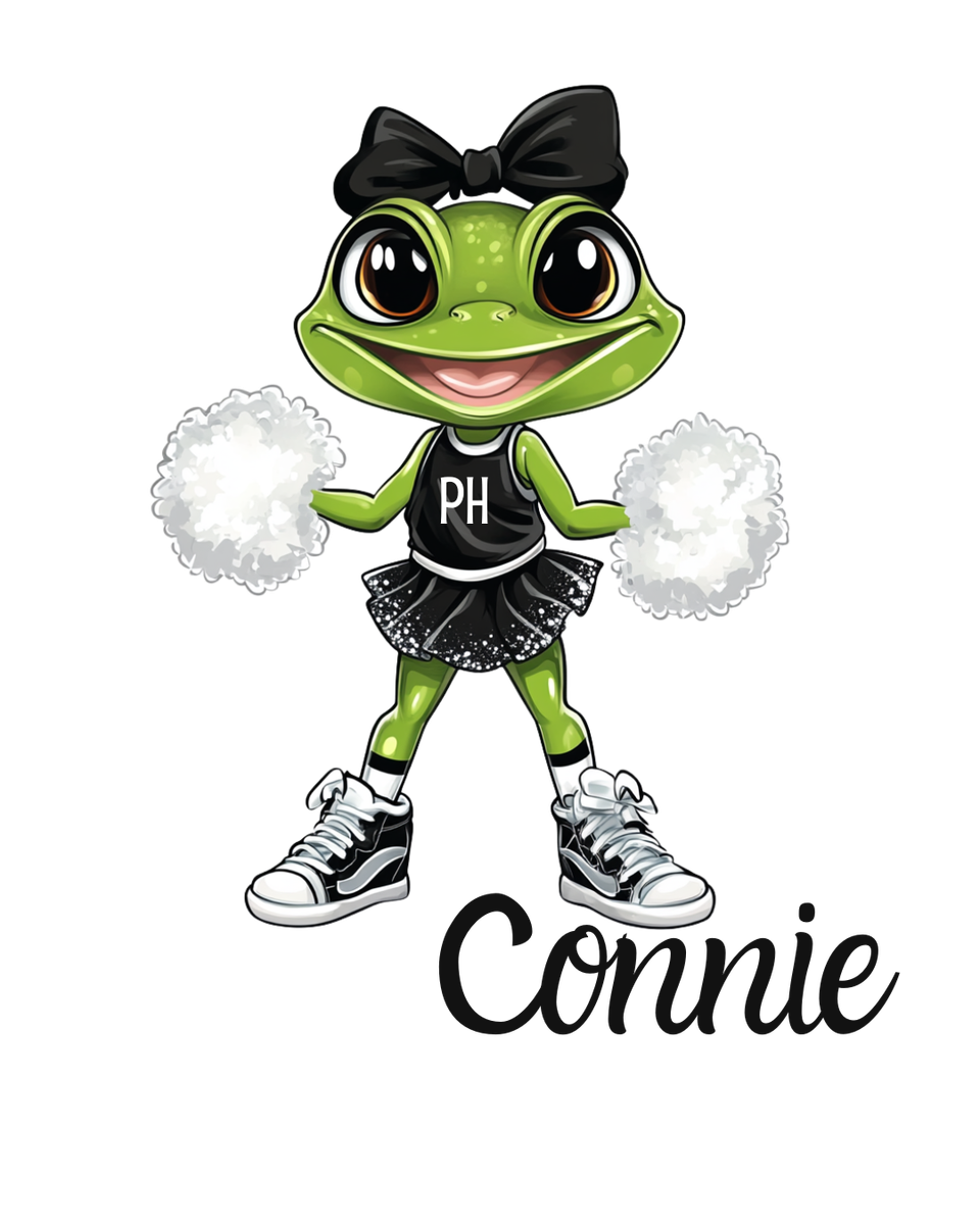 Cartoon cheerleader frog in black outfit holding white pom-poms, with “Connie” below