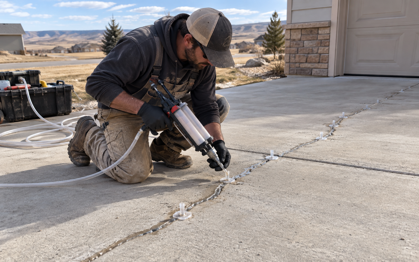 Concrete contractor performing epoxy injection crack repair on a Casper Wyoming driveway