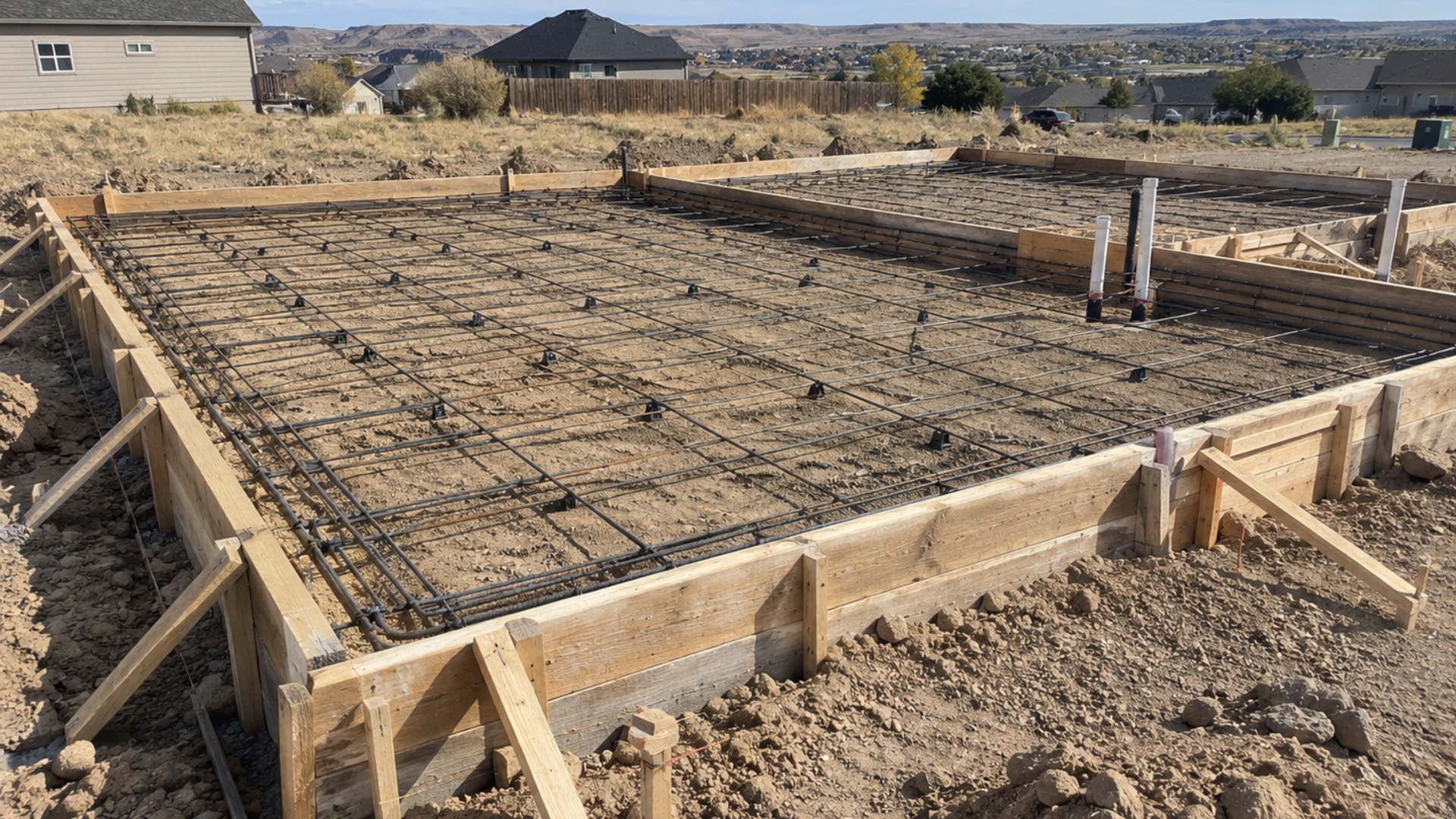 Concrete foundation forms and rebar staged for pour in Casper, Wyoming with residential lot