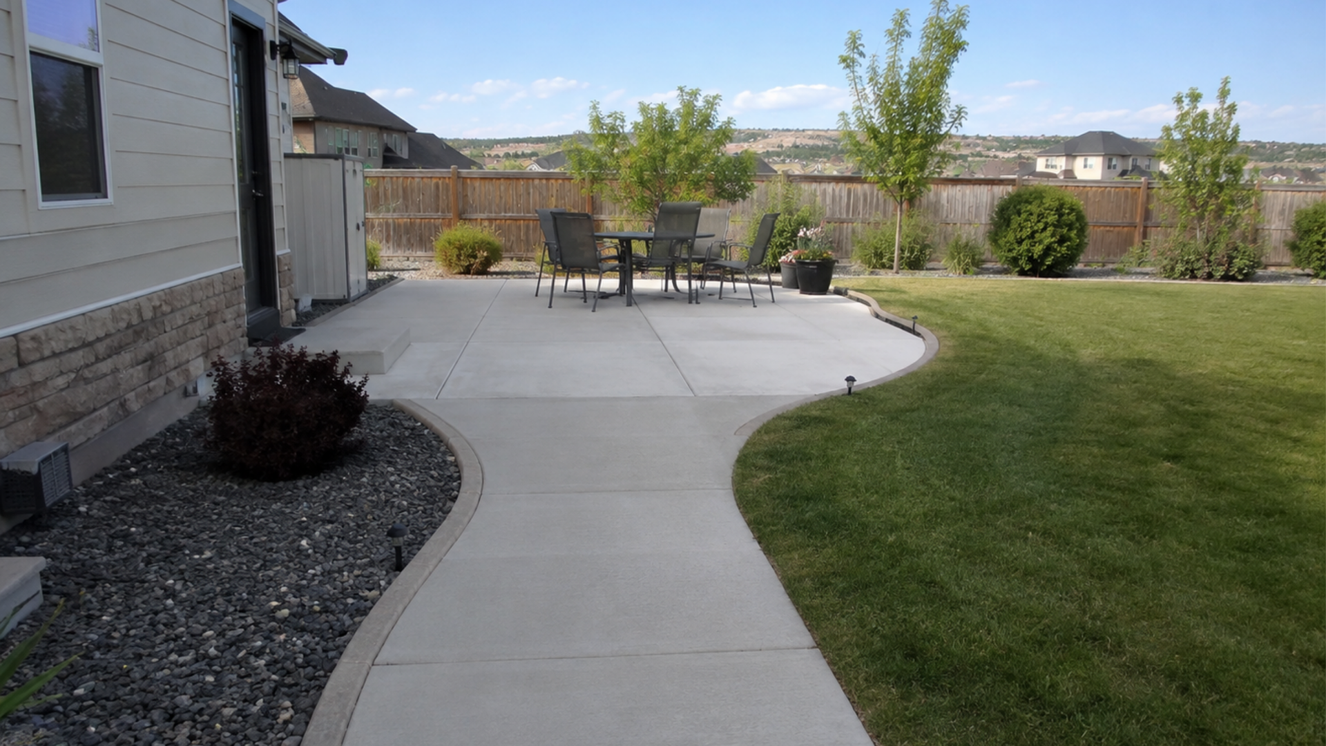 Concrete walkway connecting to a backyard patio at a Casper Wyoming home