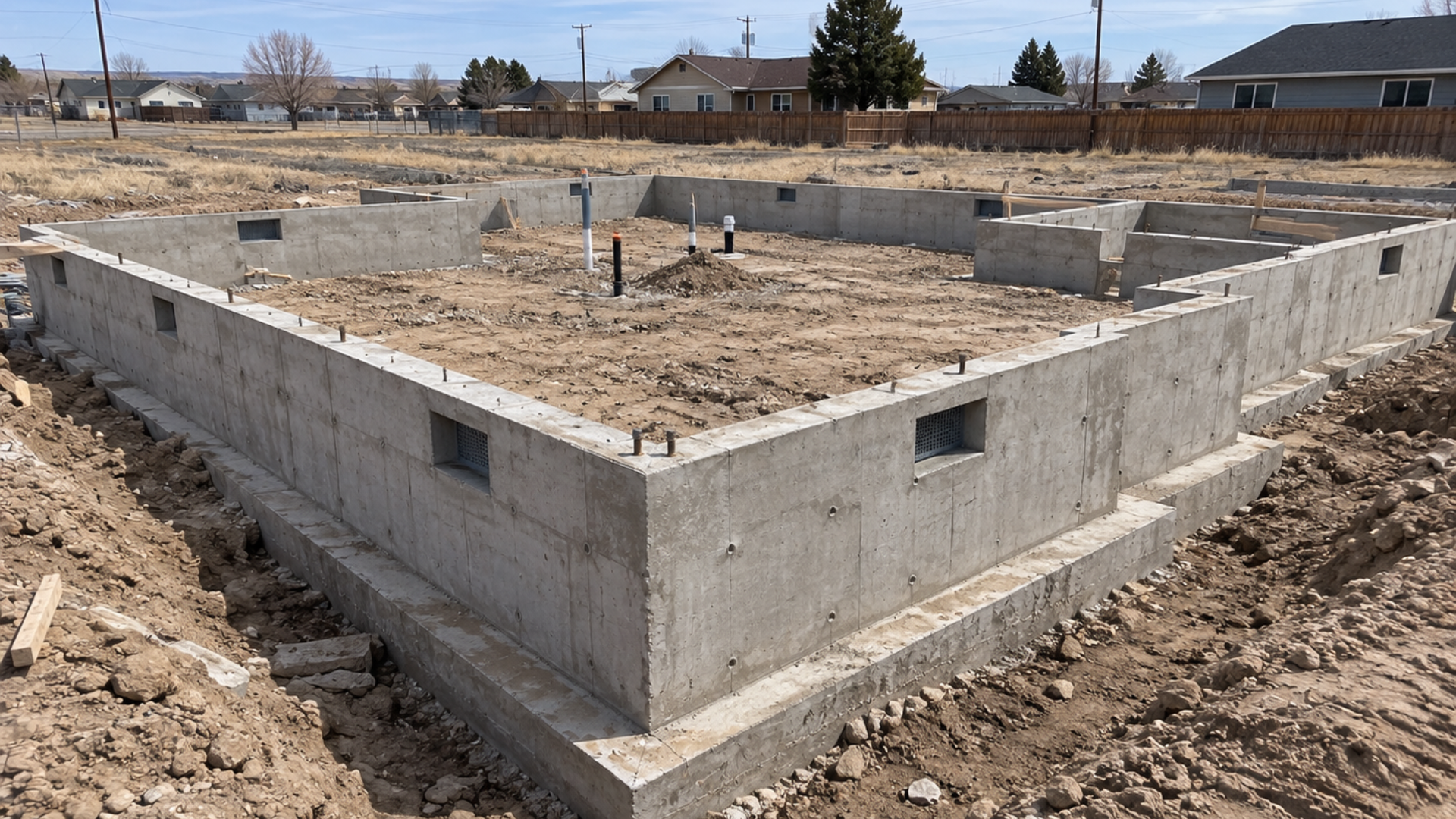 Short perimeter footings and stem walls for a crawl space foundation on a residential lot in Casper, Wyoming