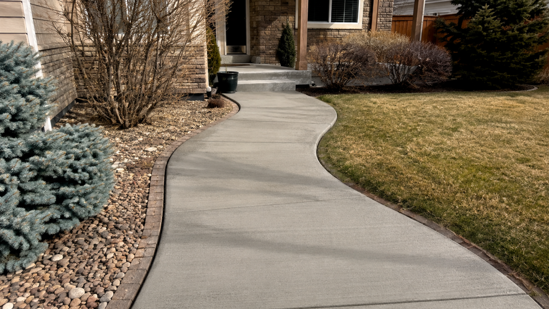 Curved concrete walkway winding through landscaping at a Casper Wyoming home