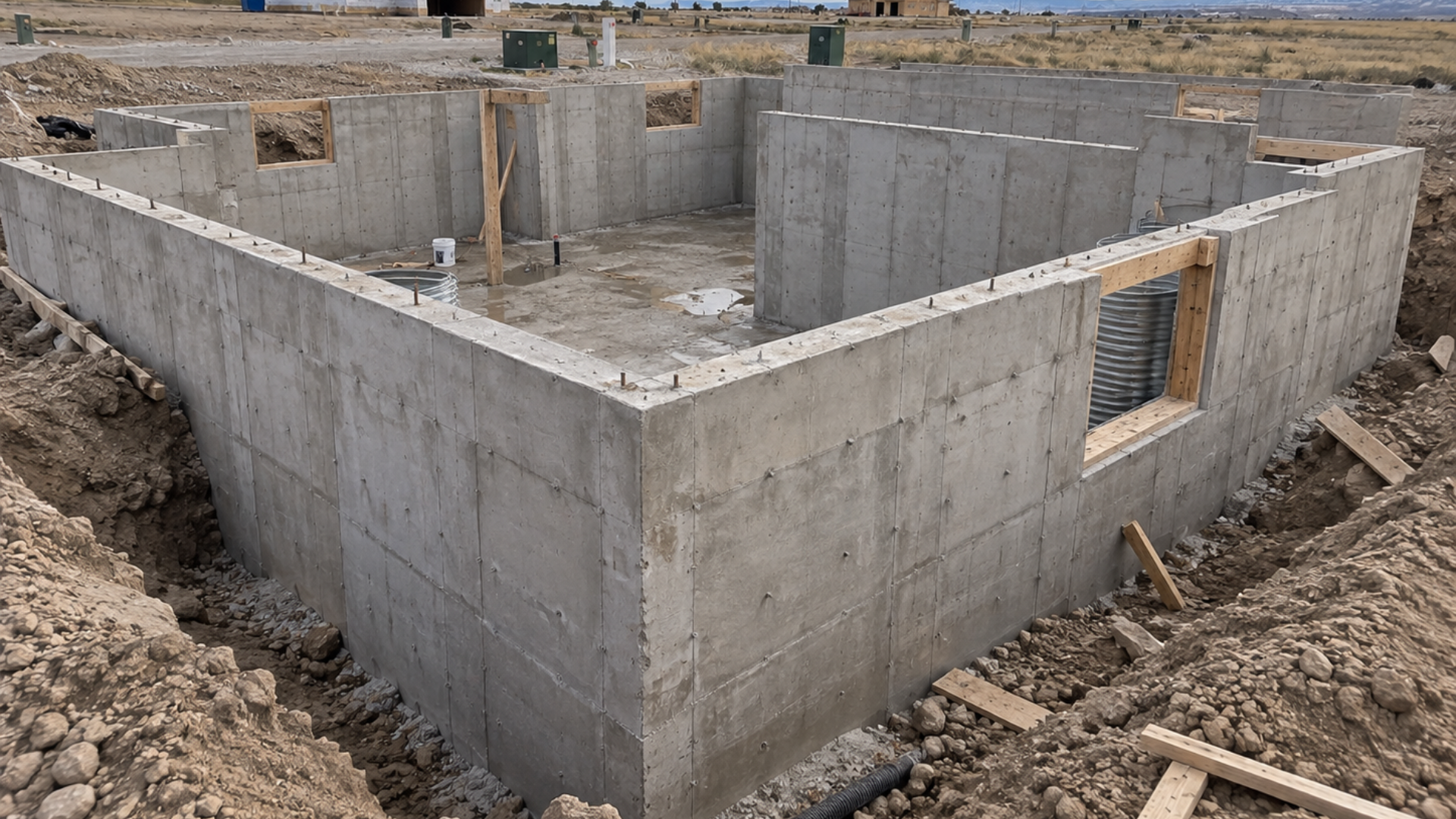 Poured concrete basement walls at full height on a new home foundation in Casper, Wyoming before backfill
