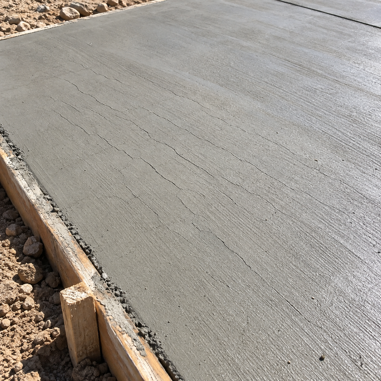 Fine plastic shrinkage cracks across a freshly finished concrete slab in Casper, Wyoming