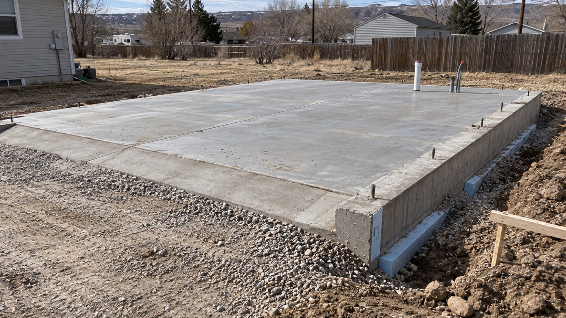 Slab-on-grade concrete foundation with frost-protected thickened edges for a garage in Casper, Wyoming
