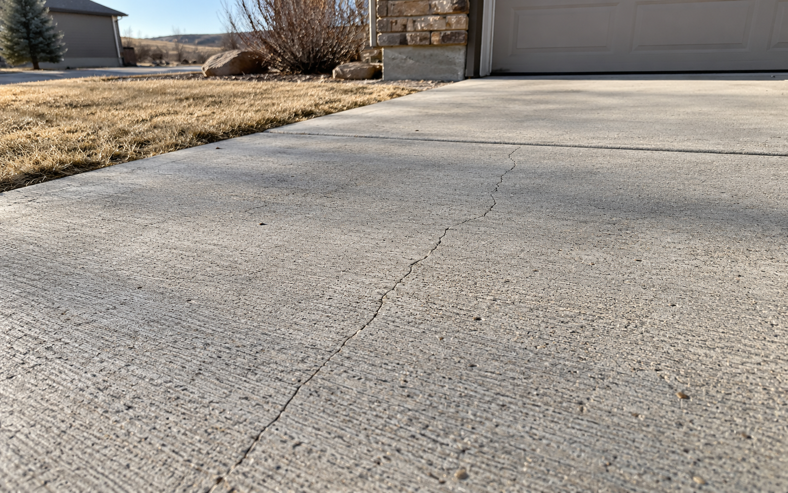 Hairline shrinkage crack running across a residential concrete driveway in Casper, Wyoming