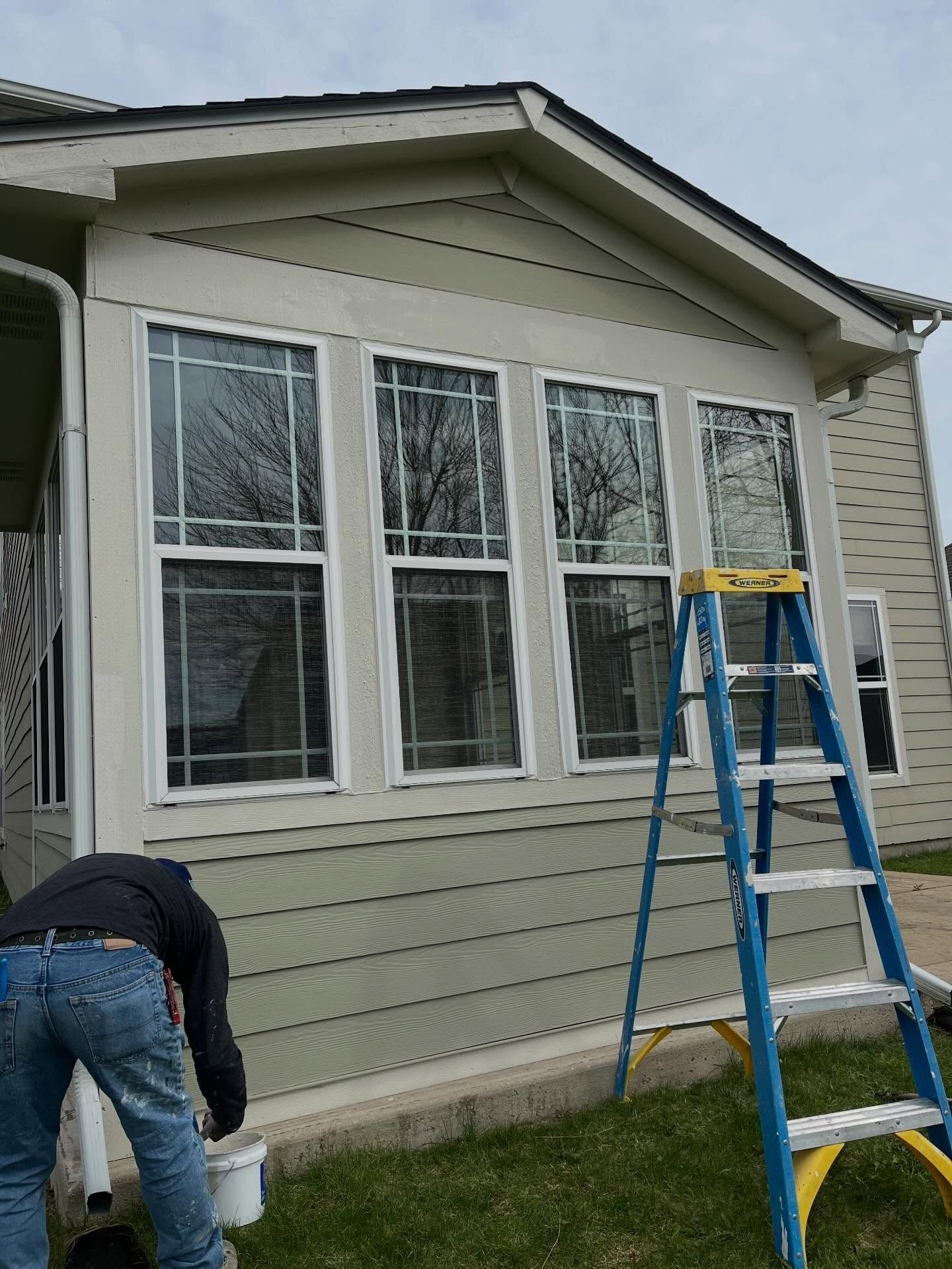 Person painting the exterior of a house near a window, with a blue ladder in front.
