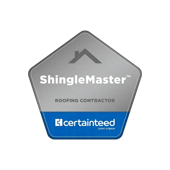 Gray and blue ShingleMaster roofing contractor badge with CertainTeed logo