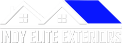 Logo for Indy Elite Exteriors with white roofline and bright blue roof accent